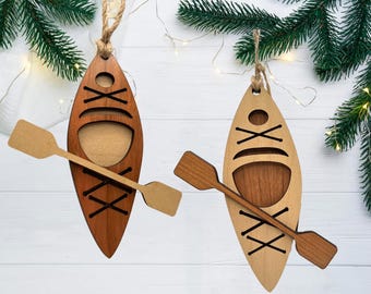 Kayak Ornament with Paddle | Handmade Wooden Ornament in Cherry or Maple | Outdoor Adventure Christmas Gift | Canoe Kayaking Ornament