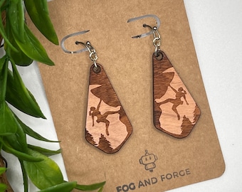 Rock Climber Earrings: Lightweight Maple or Cherry Wood, Hypoallergenic