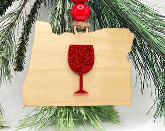 Rustic Oregon Ornament with Wine Glass and Red Beads | Oregon Souvenir | Oregon Native | Farmhouse Ornament | Wine Tasting Souvenir
