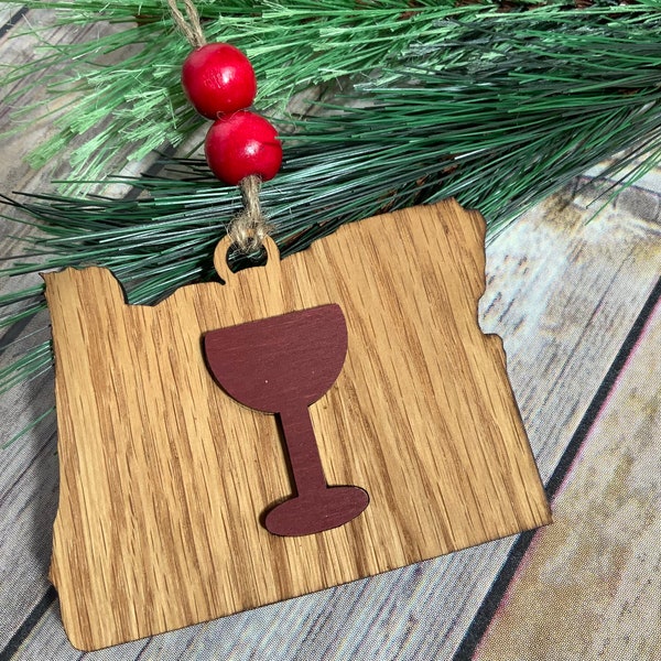 Rustic Oregon Ornament with Wine Glass and Red Beads | Oregon Souvenir | Oregon Native | Farmhouse Ornament | Wine Tasting Souvenir