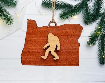Bigfoot Oregon Ornament – Handmade Sapele & Maple Wood Keepsake