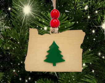 Rustic Oregon Ornament: Maple Wood Souvenir with Red Beads