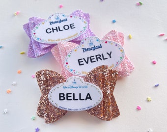 Disneyland Name Tag, Disneyworld Name Tag, Hair Bow for Girl, Glitter Hair Clip, Gift for Girl, Personalized Bow, Cast Member Name Badge