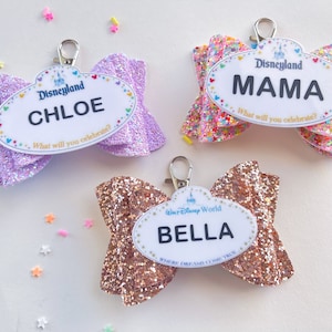 Cast Member Name Tag, Disneyland Name Tag, Disneyworld Name Tag, Bag Charms, Bow Keychain, Bow Zipper Pull, Gift for Disneyland Lovers