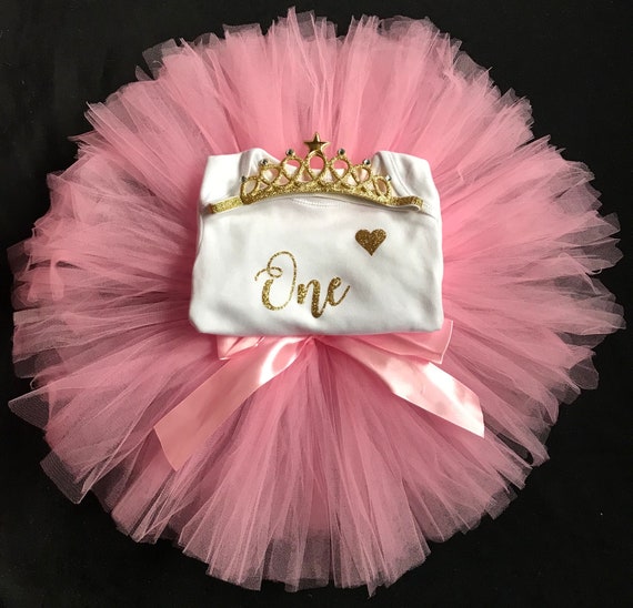 Baby Girls 1st First Birthday Pink Tutu Skirt Outfit Cake Smash Set /& Gold Tiara