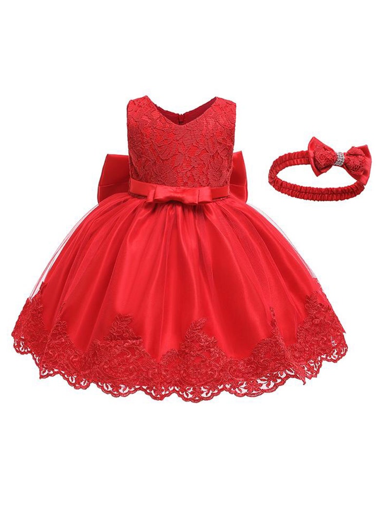 Girls Party Bow Dress & Headband Lace Red Bow Dress Cake | Etsy