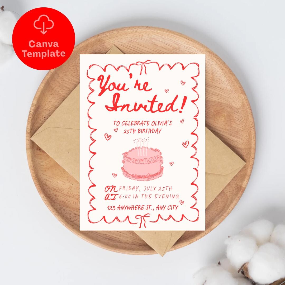 Editable 25th Birthday Invitation | Pink Hand-drawn Cake Invite | Canva ...