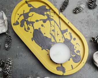 Splatter-effect Oval Tray, Mustard and Grey Decorative Tray, Trinket Dish, Jesmonite Office Tidy, Jewellery Storage