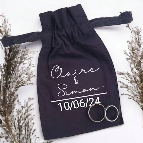 Personalised Wedding Ring Cotton Pouch Ring Bearer Bag Mr and Mrs Name Date Wedding Band Holder Black Drawstring Bridal Groom Gift