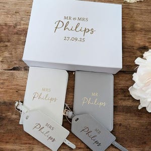 Personalised Passport Cover and Tag Personalised Bride and Groom Gifts Mr and Mrs Saffiano Fabric Set In Gift Box Wedding Present
