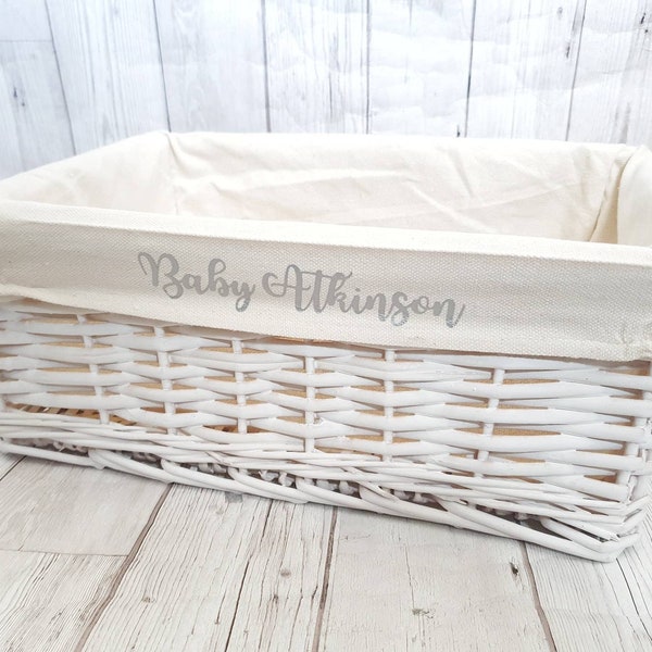 Personalised Baby Storage Basket White Wicker Cotton Liner Gift Nursery Decor Organiser Boy Girl Neutral Gift Hamper box Choice of Sizes