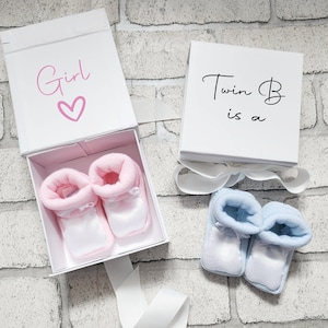 Twin Gender Reveal Pregnancy Announcement Twin A and Twin B Set of Two Baby Shoes Boxed Pink or Blue Personalised Cute Novelty Gift