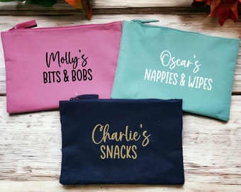 Personalised Nappies and Wipes Zip Pouch Bum Stuff Case Kids Bits and Bobs Bag Baby Gift Custom Stuff Things Medication Holder Period Pouch
