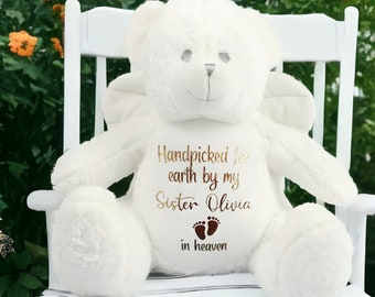 Personalised Baby Angel Bear Memory Teddy Plush Handpicked For Earth By My Loved One In Heaven CE Tested Infant Loss Pregnancy Keepsake