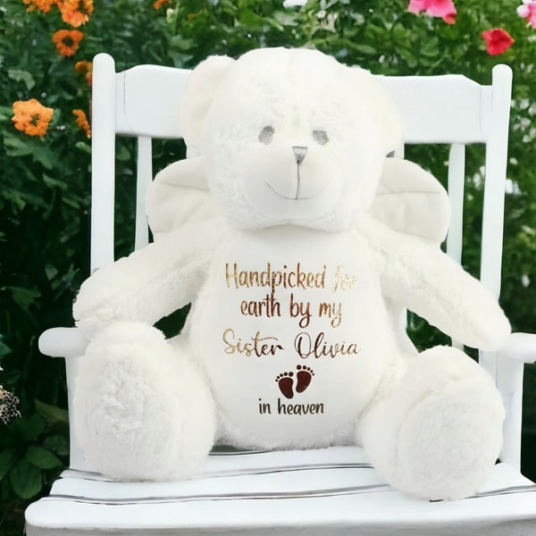 Personalised Baby Angel Bear Memory Teddy Plush Handpicked For Earth By My Loved One In Heaven CE Tested Infant Loss Pregnancy Keepsake