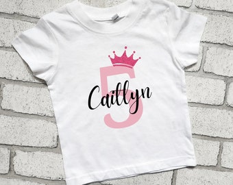 Personalised 5th Birthday T Shirt Fifth Birthday Top Name Glitter Crown Boy Girl I am Five Today Cotton Top