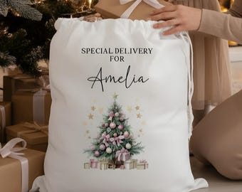 Personalised Santa Sack, Christmas Eve Bag, Custom Toy Sack, Festive Tree Design, Reusable Gift Bag, X Large 50cm X 70cm