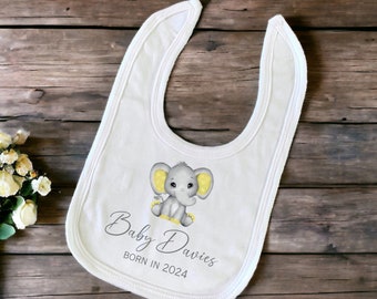 Personalised Baby Sleepsuit Elephant Bodysuit Bib Custom New Baby Gift Coming Home Outfit Baby Girl Baby Boy Team Yellow