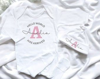 Personalised Baby Girl Sleepsuit and Hat Hello World Baby Has Arrived Monogram Gift Newborn Coming Home Born in 2023 Outfit Set Cotton