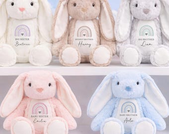 Personalised Bunny Soft Toy- Matching Sibling Gift - Big Brother, Little Sister - Plush Rabbit Custom Name - New Baby - Welcome Home