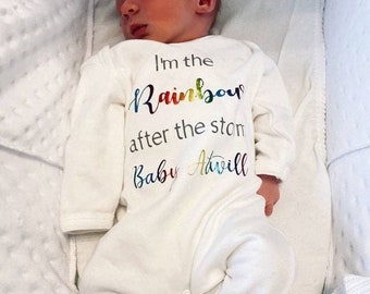 Personalised Newborn Outfit Rainbow After The Storm New Baby Surname Sleepsuit Hat Set Gift Unisex Coming Home Romper Bodysuit