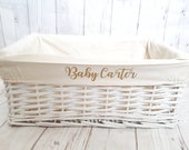 Personalised Baby Storage Basket White Wicker Cotton Liner Gift Nursery Decor Organiser Boy Girl Neutral Gift Hamper box Choice of Two Sizes