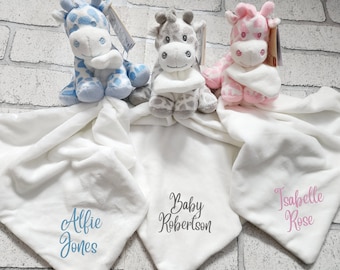 Personalised Baby Gift Giraffe Zebra Comforter Soft Toy Neutral Boy Girl Newborn Present Blanket Blankie Animal Birth Maternity Christening