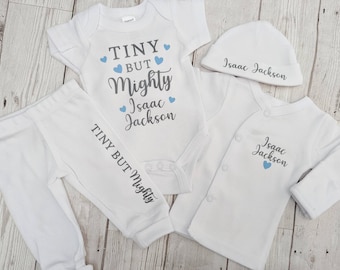 Personalised Preemie Coming Home Outfit Tiny But Mighty Premature Baby Newborn Gift Hat Bodysuit Top Trousers Set 3-5lb White Cotton