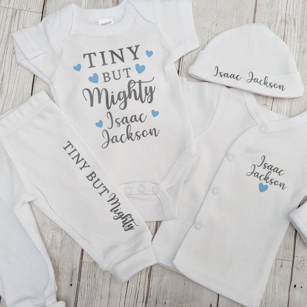 Personalised Preemie Coming Home Outfit Tiny But Mighty Premature Baby Newborn Gift Hat Bodysuit Top Trousers Set 3-5lb White Cotton