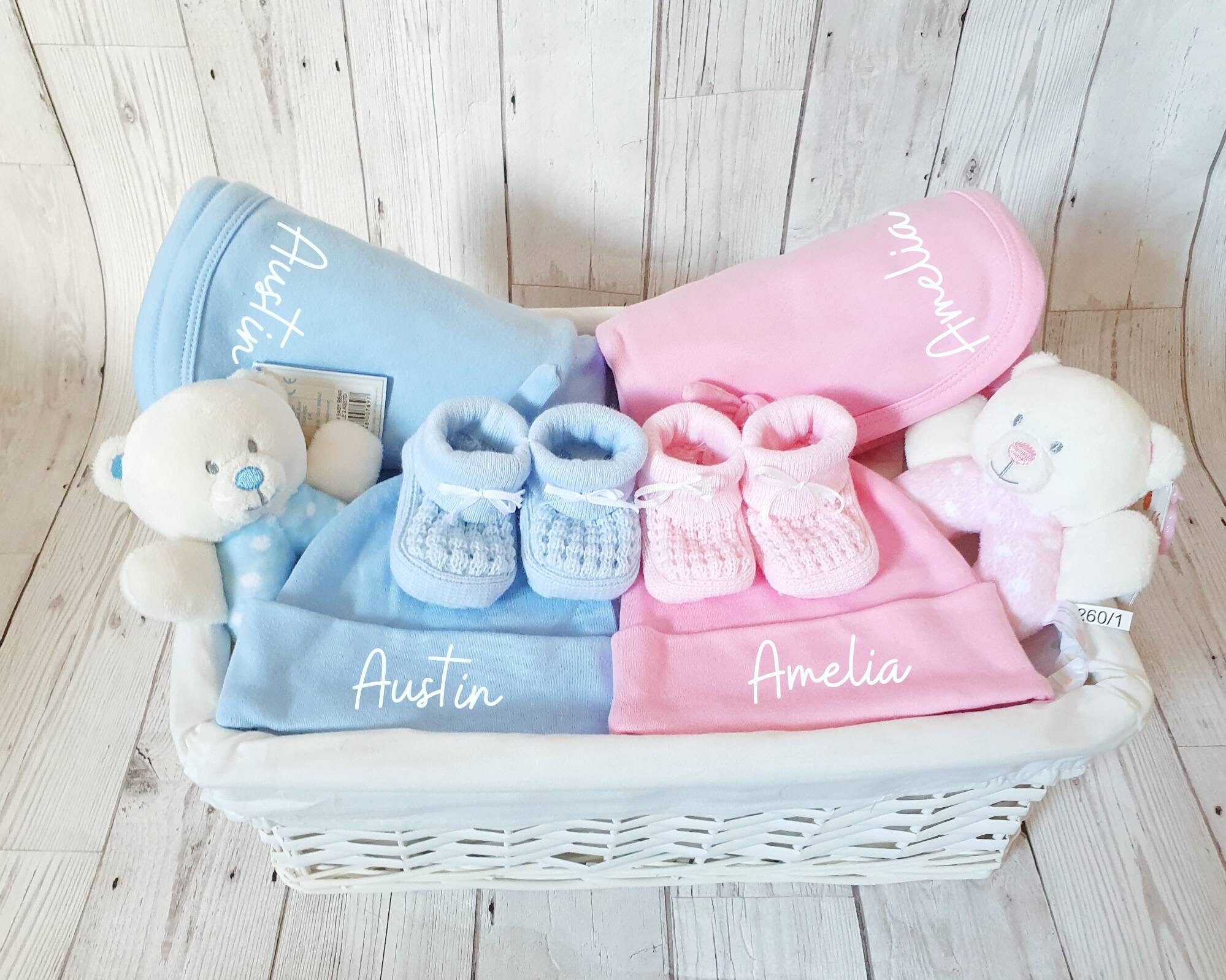 Personalised Twin Baby Gift Basket Set Blanket Hat Rattle Etsy