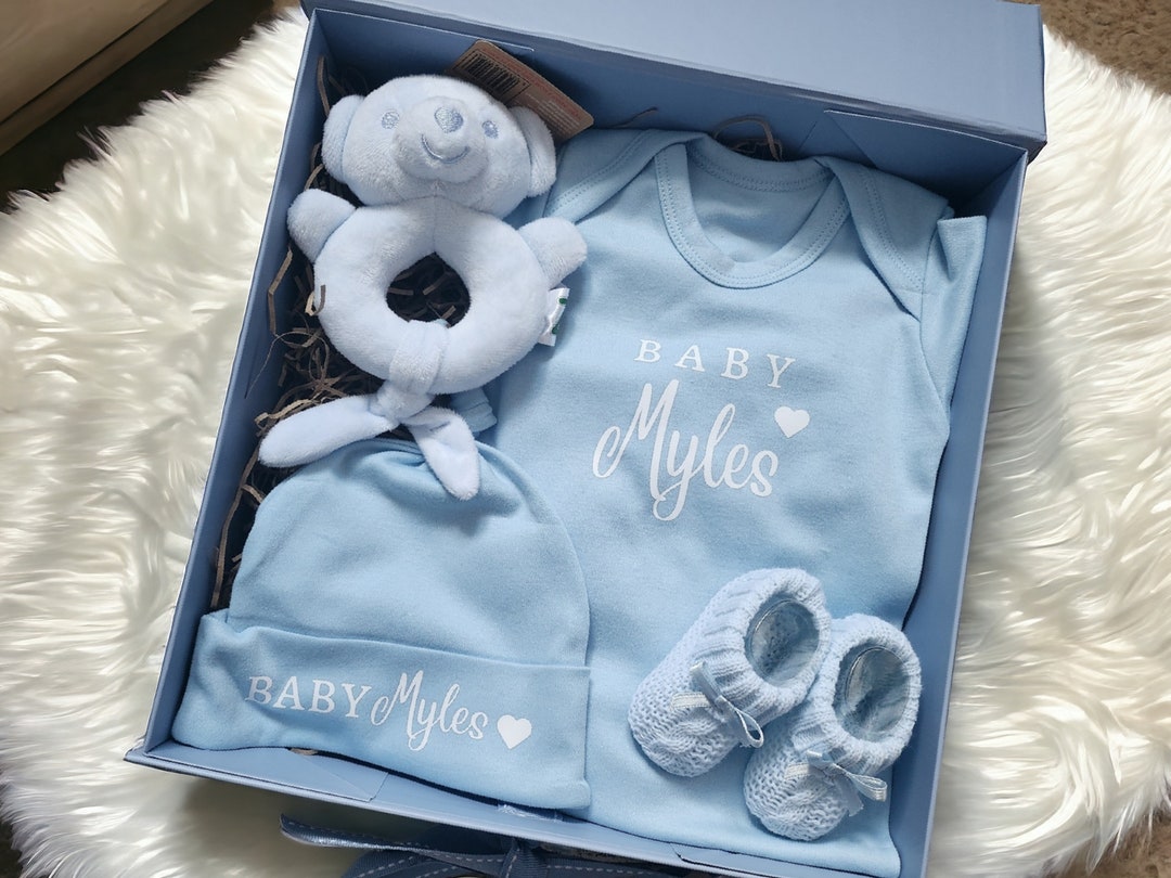 Personalised New Baby Boy Outfit Gift Box Set First Outfit Blue ...