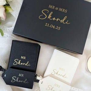 Personalised Passport Cover and Tag Personalised Bride and Groom Gifts Mr and Mrs Saffiano Fabric Set In Gift Box Wedding Present