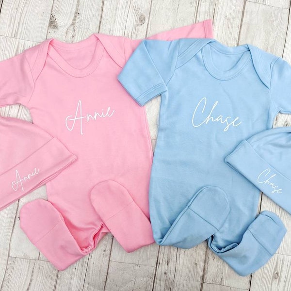 Personalised New Baby Sleepsuit and Hat Set Gift Name Romper Newborn Coming Home Outfit Set I'm Here Welcome World Cotton Baby Clothing