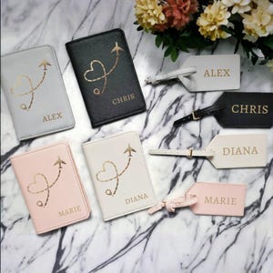 Personalised Passport Cover Luggage Tag Travel Case Initial Faux Leather Cream Any Name or Monogram Text Colour Choice Plane Image Adventure