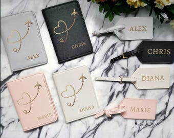 Personalised Passport Cover Luggage Tag Travel Case Initial Faux Leather Cream Any Name or Monogram Text Colour Choice Plane Image Adventure