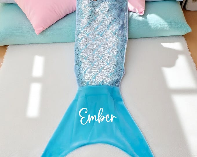 Personalised Mermaid Tail Blanket for Kids and Teens – Custom Name Blanket, Cosy Gift, Girls, Boys, Birthday, Christmas Present, Child Decor