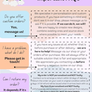 May include: A pink and white illustrated graphic with the text "S&R Important FAQs" at the top. The graphic contains three sections with information about custom orders, problems with orders, and returns. The text in the graphic is in a white sans-serif font.