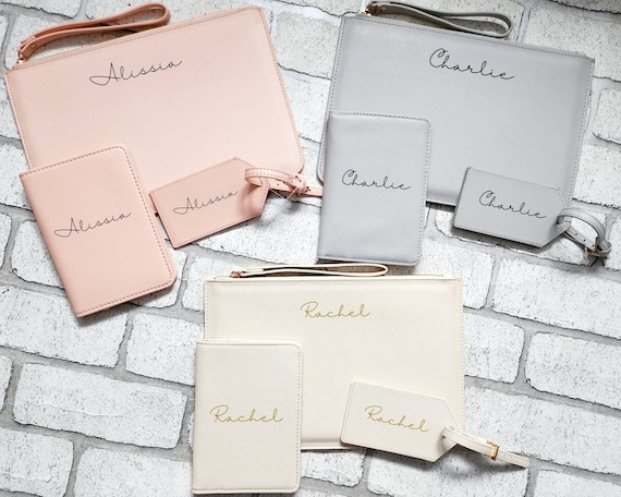 Personalised Travel Set Passport Cover Luggage Tag and Clutch Bag Custom Pouch Name Initial Faux Safffiano Leather Gift For Her Bride