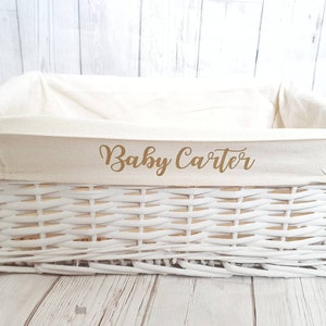 Personalised Baby Storage Basket White Wicker Cotton Liner Gift Nursery Decor Organiser Boy Girl Neutral Gift Hamper box Choice of Sizes