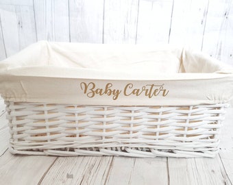 Personalised Baby Storage Basket White Wicker Cotton Liner Gift Nursery Decor Organiser Boy Girl Neutral Gift Hamper box Choice of Sizes