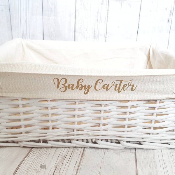 Personalised Baby Storage Basket White Wicker Cotton Liner Gift Nursery Decor Organiser Boy Girl Neutral Gift Hamper box Choice of Sizes