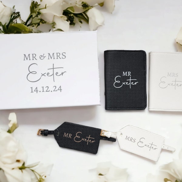 Personalised Passport Cover and Tag Personalised Bride and Groom Gifts Mr and Mrs Saffiano Fabric Set In Gift Box Wedding Present