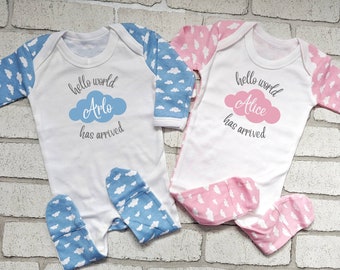 Personalised New Baby Sleepsuit Girl Pink Boy Blue Newborn Coming Home Outfit Cloud Set Baby Shower Gift New Parents Present Cotton Clothing