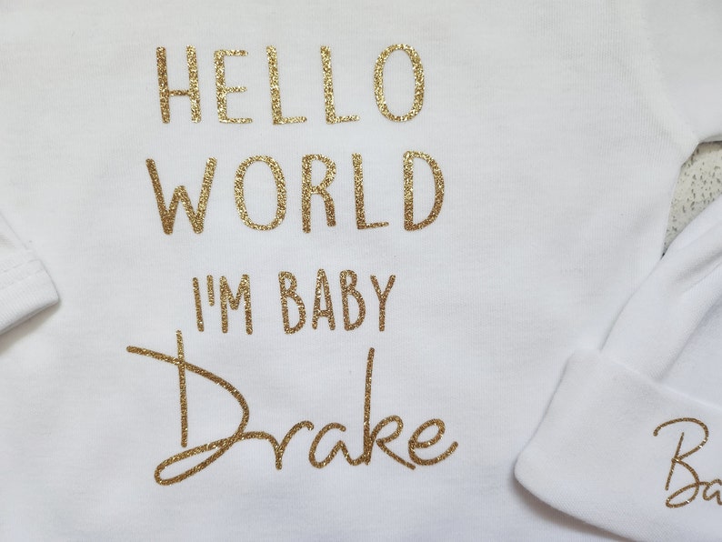 Personalised New Baby Outfit Hello World I am Surname Name Unisex Sleepsuit Hat Set Gift I'm Here Coming Home Romper Bodysuit Newborn Cotton image 7