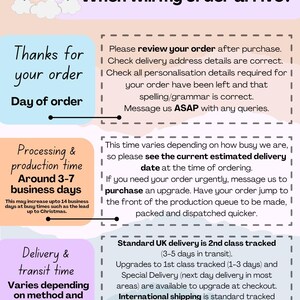 May include: A pink and white illustration of a rainbow with the letters S&R inside. The text "When will my order arrive?" is above the rainbow. The text "Thanks for your order" is in a pink box. The text "Day of order" is below the pink box. The text "Processing & production time" is in a light blue box. The text "Around 3-7 business days" is below the light blue box. The text "Delivery & transit time" is in a light purple box. The text "Varies depending on method and your location" is below the light purple box. The text "Please review your order after purchase. Check delivery address details are correct. Check all personalisation details required for your order have been left and that spelling/grammar is correct. Message us ASAP with any queries." is in a white box with a pink border. The text "This time varies depending on how busy we are, so please see the current estimated delivery date at the time of ordering. If you need your order urgently, message us to purchase an upgrade. Have your order jump to the front of the production queue to be made, packed and dispatched quicker." is in a white box with a pink border. The text "Standard UK delivery is 2nd class tracked (3-5 days in transit). Upgrades to 1st class tracked (1-3 days) and Special Delivery (next day delivery in most areas) are available to upgrade at checkout. International shipping is standard tracked (approx 7-15 business days in transit). Express shipping is available (3-7 days)." is in a white box with a pink border.