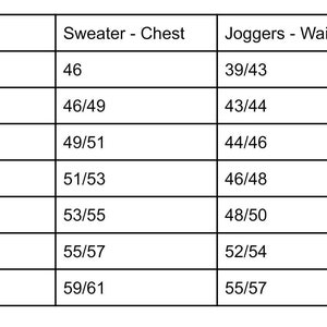 May include: A chart showing sweater and jogger sizes for children. The chart lists sizes from 0-6M to 5-6Y and corresponding chest and waist measurements in inches.