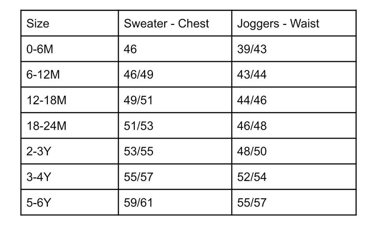 May include: A chart showing sweater and jogger sizes for children. The chart lists sizes from 0-6M to 5-6Y and corresponding chest and waist measurements in inches.