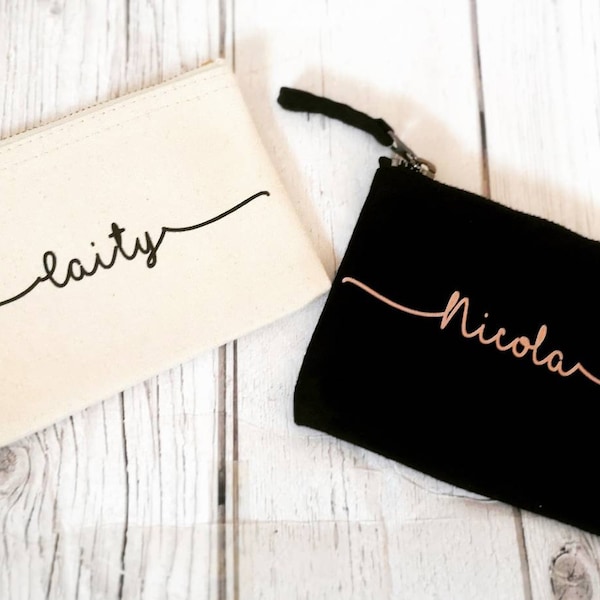 Personalised Coin Purse Name Gift For Her Birthday Bridesmaid Favour Wedding Cotton Zip Pouch Ladies Black Natural Fancy Small Present