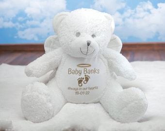 Personalised Baby Angel Bear Teddy Plush Memory Name Birth Date Boy Girl Neutral CE Tested Infant Loss Pregnancy Keepsake Wings