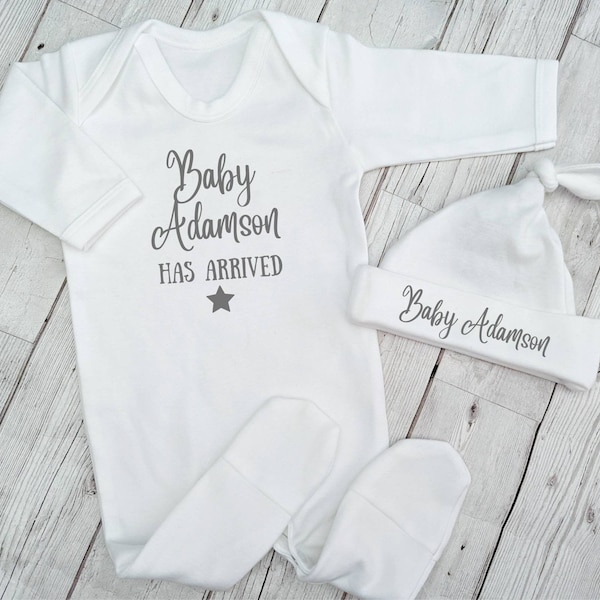 Personalised Baby Sleepsuit Hat Gift Boys Girls Neutral Newborn Coming Home Outfit Set Baby Has Arrived Welcome To The World Cotton Clothing
